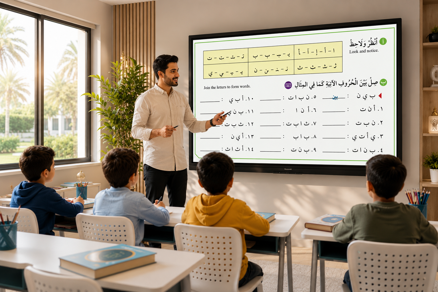 Student practicing Arabic lessons while referencing At-Takallum interactive content digital dashboard